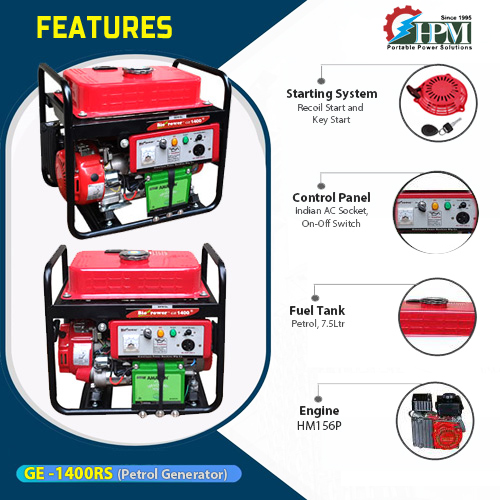 1.2 KVA ultra light weight portable Generator , Petrol Run, Recoil & Self Start Model- GE-1400RS